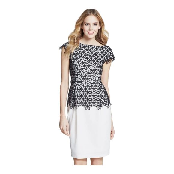 Adrianna Papell Black Lace Overlay Short Sleeve Peplum Knee Length Dress Sz 6 - Picture 1 of 16